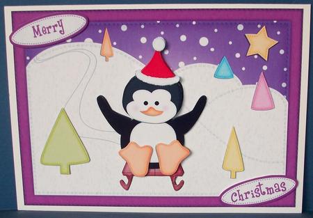 A5 Xmas Sledging Penguin Quick Card N 3D Decoupage by Cheryl French