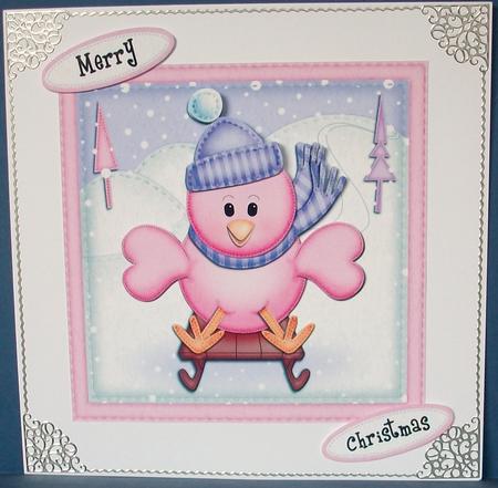 Xmas Sledging Little Birdie Quick Card N 3D Decoupage by Cheryl French