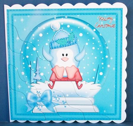 Xmas Sledging Penguin Snowglobe Wavy Corner Stacker by Cheryl French