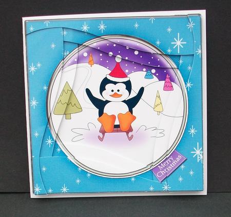 Cute Xmas Penguin Quick Card with Wavy Spiral Side Stacker by Cheryl French
