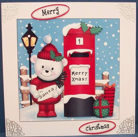 Xmas Teddy Tess N Postbox Quick Card N 3D Decoupage by Cheryl French
