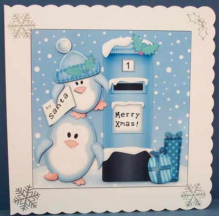 Xmas Penguins N Postbox Quick Card N 3D Decoupage by Cheryl French