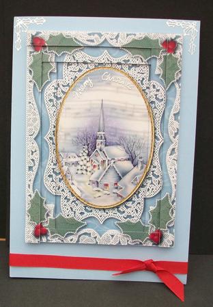 Christmas Blue Church Lace Spiral Edge 7x5 Stacker by Cheryl French