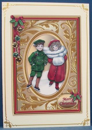 Vintage Skaters on Gold Frame Card Front by Cheryl French