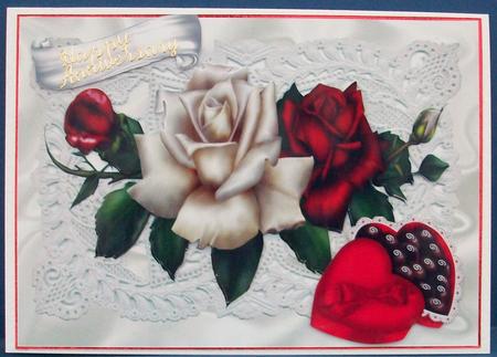 Beautiful Red/cream Roses and Choc on Vintage Lace by Cheryl French