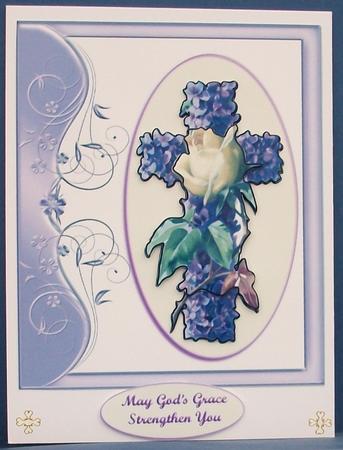Violets and White Rose Cross with Decoupage Card Topper by Cheryl French
