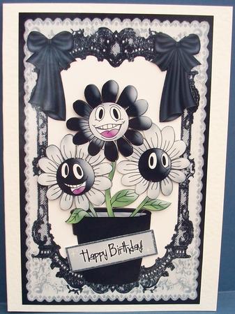 Funny Face Black/white Flowers in Lace Frame with Bows by Cheryl French