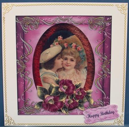 Vintage Portrait Kissing Kids in Oval Frame & Decoupage Pink by Cheryl French
