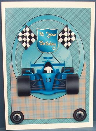 Blue Racing Car Card Front by Cheryl French