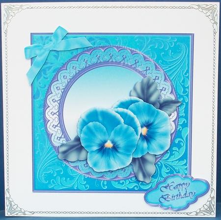 Blue Pansies on Satin Card Front by Cheryl French