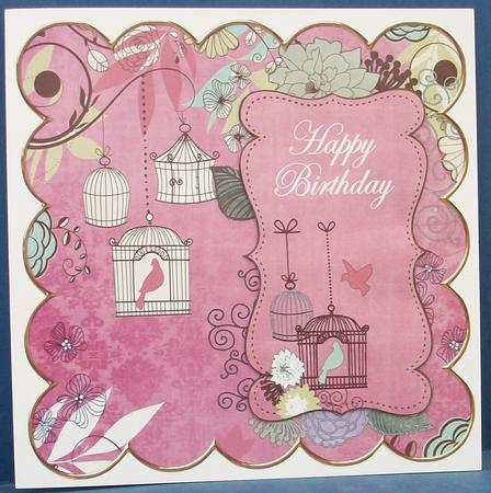 Pink Birdcage Happy Birthday 8in Scallop Topper by Cheryl French