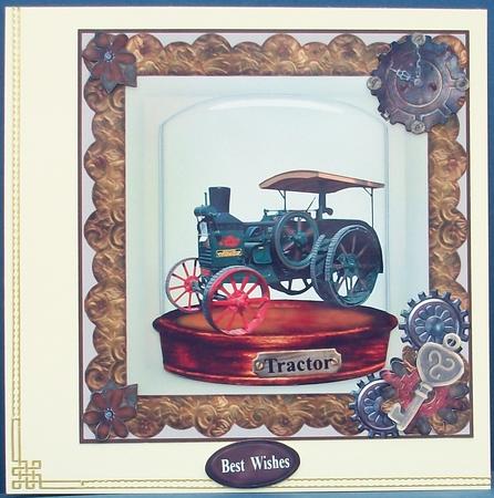 Steampunked Tractor in Glass Display with Decoupage by Cheryl French