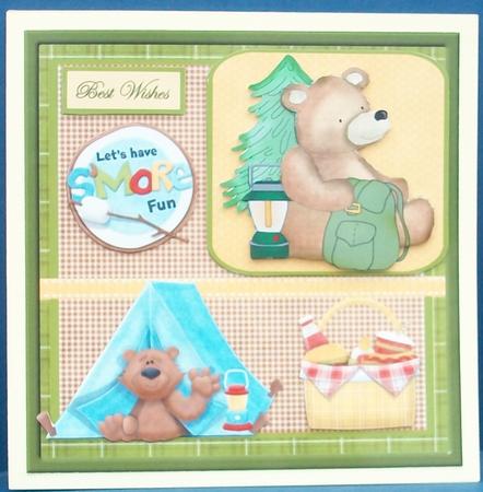 Camping Bears Card Front with Decoupage and Sentiment Tags by Cheryl French
