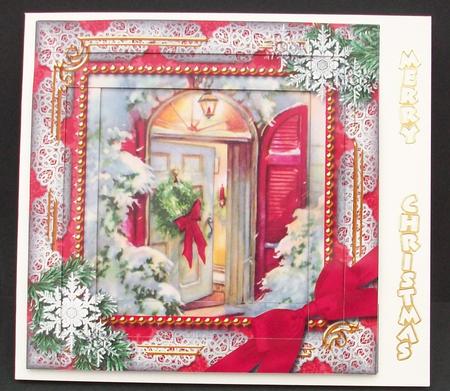 Christmas Welcome Door Snow Spiral Edge Stacker Card Front by Cheryl French