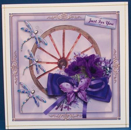 Old Wheel & Purple Flowers Card Topper & Decouapge by Cheryl French