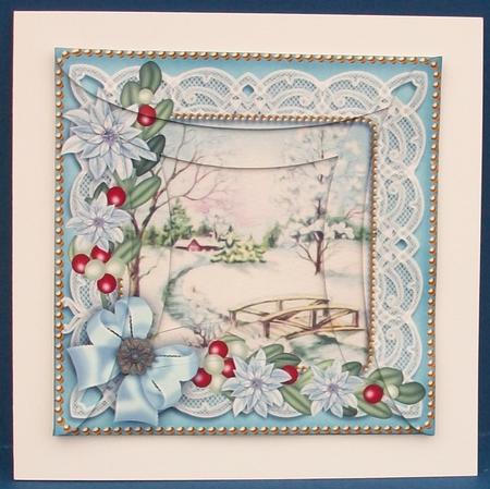 Blue Snowscene Poinsettia 5in Rounded Spiral Stacker by Cheryl French