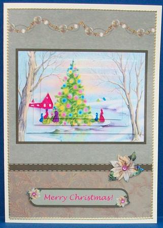 Vintage Christmas Scene Gold Card Front with Pyramage by Cheryl French