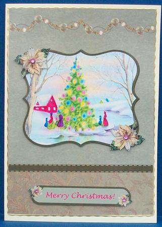 Vintage Christmas Scene Gold Card Front with Decoupage by Cheryl French