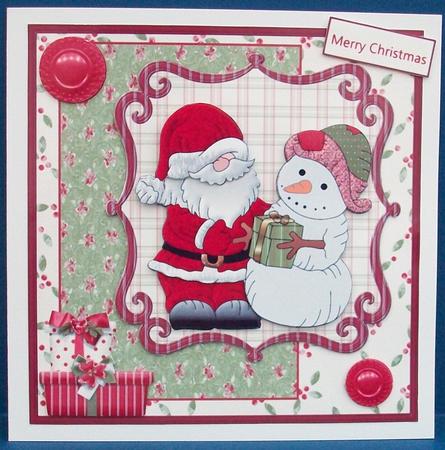 Snowman Gives a Gift to Santa Card with a Topper by Cheryl French