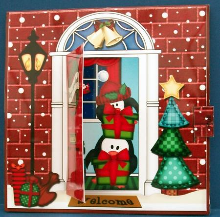 3D Xmas Penguin's Present Animated Moveable Open Door Card by Cheryl French