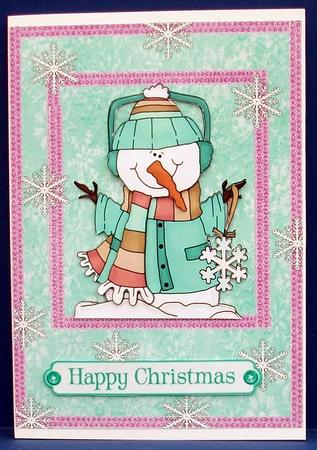 Cute Snowman in Aqua & Pink Coat by Cheryl French