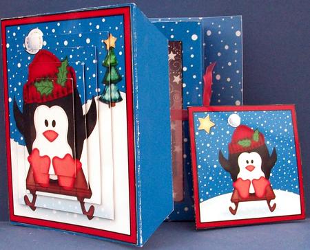 3D Xmas Sledging Penguin Gift Box Card Kit & Pyramage by Cheryl French