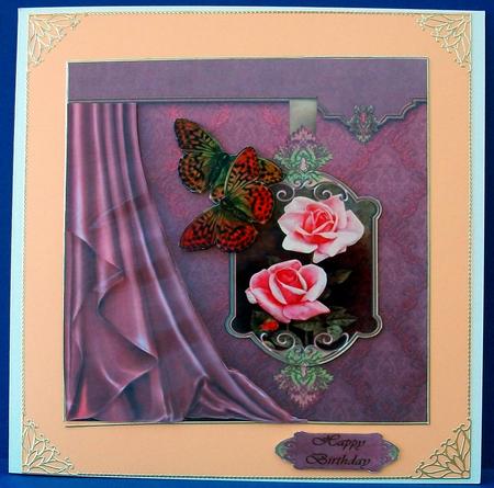 Rose & Butterflies - Side Satin Draped Decoupage Card by Cheryl French