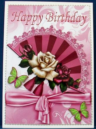 Pretty Fan with Pink Roses and Bow for Birthday by Cheryl French