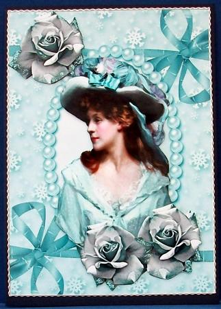 Vintage Lady in Bonnet of Flowers with Blue Roses by Cheryl French