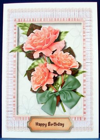 Beautiful Apricot Roses on Ruffled Lace  by Cheryl French