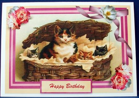 Lovely Mother and Kittens in the Basket ( Pyramid ) by Cheryl French