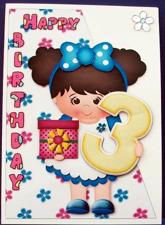 Happy Birthday Girl Age Three Card Front and Decoupage by Cheryl French