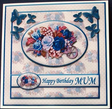 Floral Happy Birthday Mum Card Front with Insert (blue) by Cheryl French