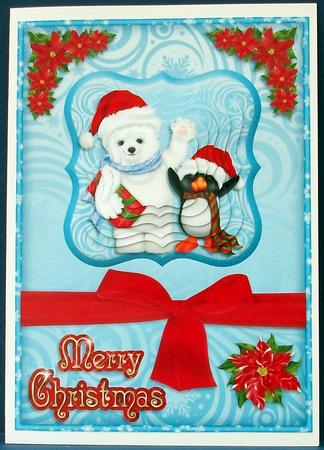 Polar Bear & Penguin Merry Christmas Cardwith Pyramid Topper by Cheryl French