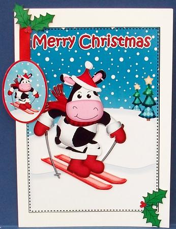 Christmas Skiing Milly Moo Cow 5x7 3D Decoupage by Cheryl French
