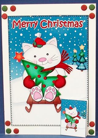Christmas Sledging Little Cat 5x7 3D Decoupage by Cheryl French