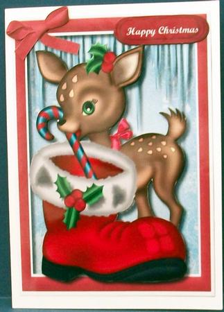 Little Deer Hiding the Candy Cane in Santa's Boot  by Cheryl French