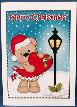 Christmas Cute Livvy Bear Heart Lamp Post 5x7 3D Decoupage by Cheryl French