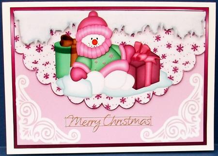 Snowman with Presents on Scalloped Envelope in Pink by Cheryl French