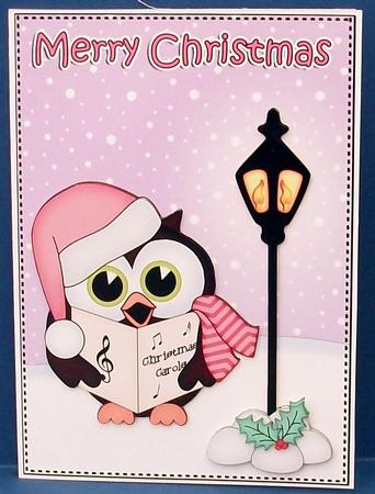 Christmas Carol Singing Hoot Owl Lamp Post 5x7 3D Decoupage by Cheryl French