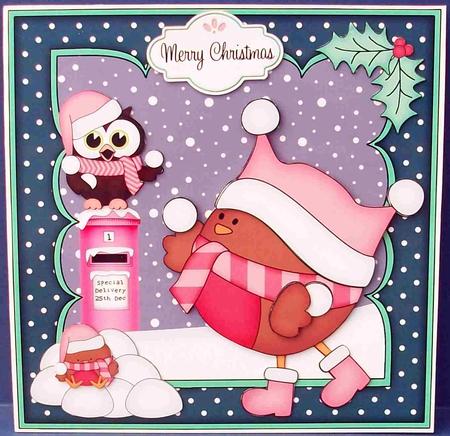 8x8 Xmas Bobbin Robin Snowball Fight Mini Kit 3D Decoupage by Cheryl French