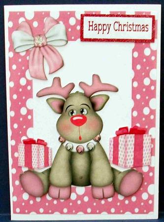 Little Pink Reindeer with Bells and Bow with Presents by Cheryl French
