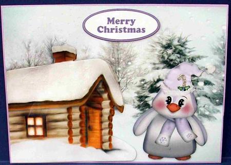 Cute Little Penguin in the Snow with Cottage by Cheryl French