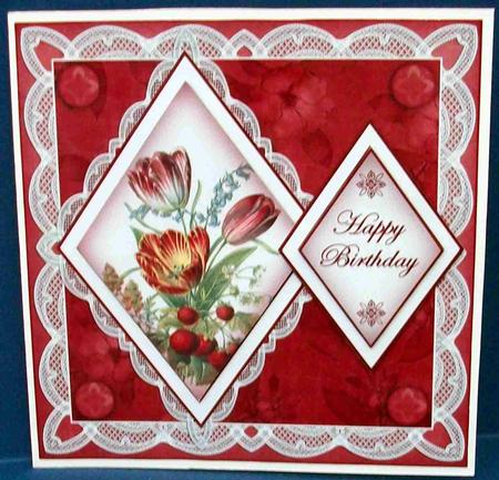 Red Tulips Happy Birthday 7in Double Diamond Topper by Cheryl French