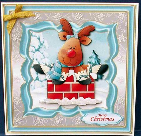 Reindeer on Chimney Blue and Silver Card Front by Cheryl French