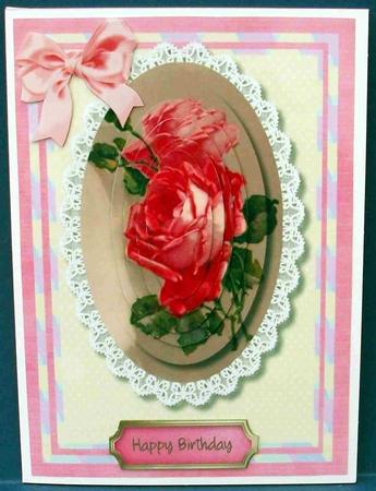 Beautiful Salmon Pink Roses on Lace  by Cheryl French