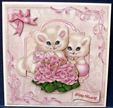 Kittens with Pink Rose Bouquet Card Front by Cheryl French