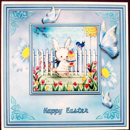 Cute Easter Bunny with Blue Daisies by Cheryl French