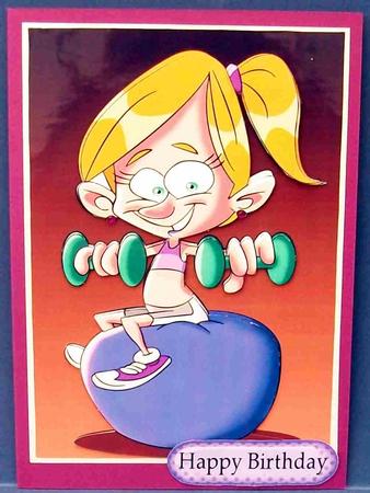Cartoon Girl with Weights Sitting on a Bouncy Ball by Cheryl French