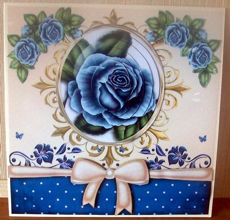 Blue Roses in Ornate Frame Oval Pyramids with Bow 8x8 Kit by Cheryl French